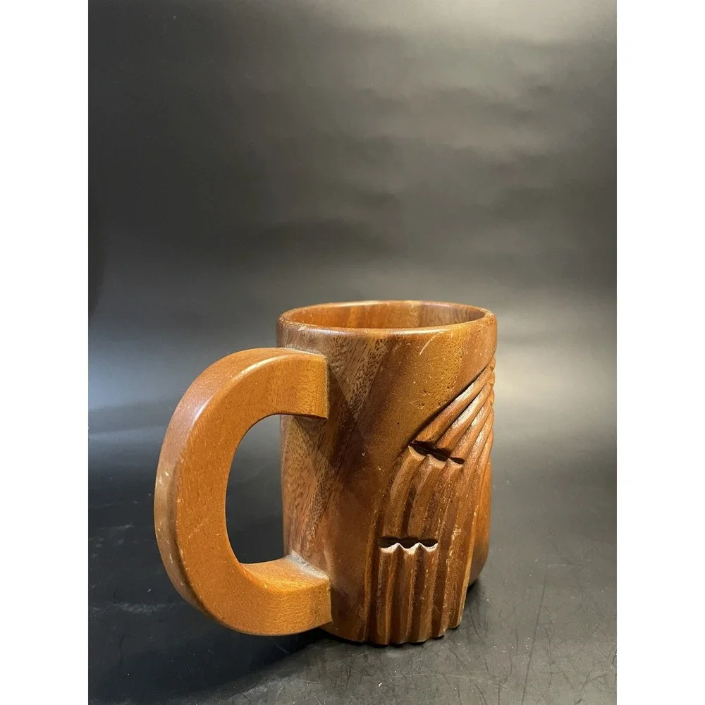 Vintage TIKI Mug Hand Carved Wood- From The Phillipines - Handled Cup
